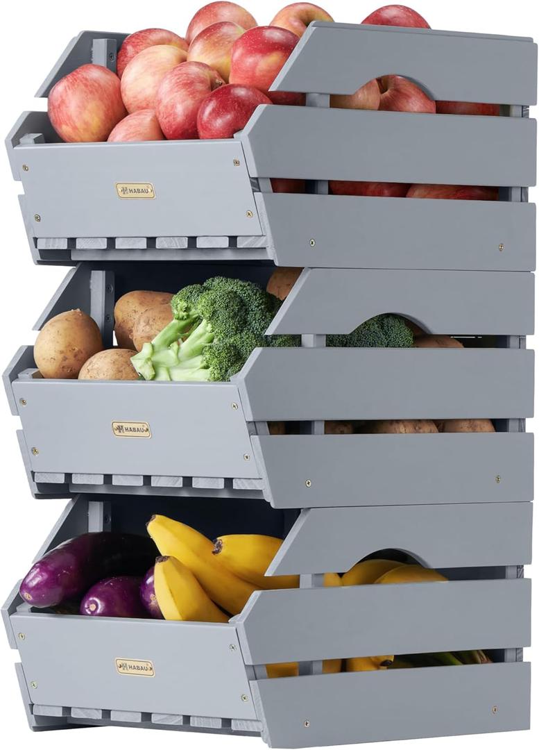 HABAU Wood Potato Onion Storage Bins - Wooden Stackable Produce Basket - Fruit Vegetable Storage for Kitchen Pantry Organization, Set 3 Pieces (10.6*14.8*23.4 Set of 3, Dusty Grey)
