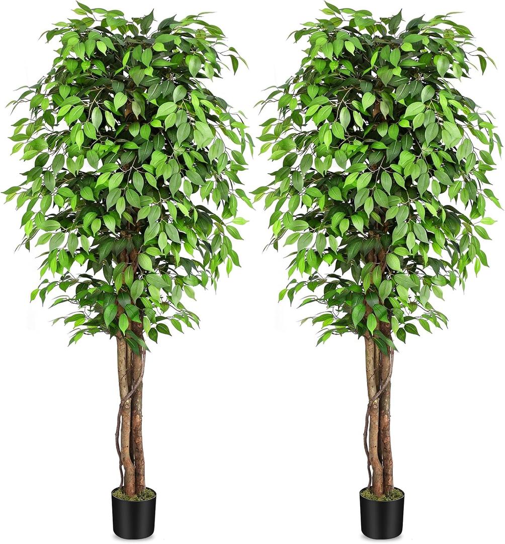7ft Large Ficus Artificial Trees with Natural Curved Trunks, 84" Tall Lush Faux Tree for Home Decor Indoor, Green Lifelike Fake Ficus Tree Artificial Plants in Pot（Set of 2）