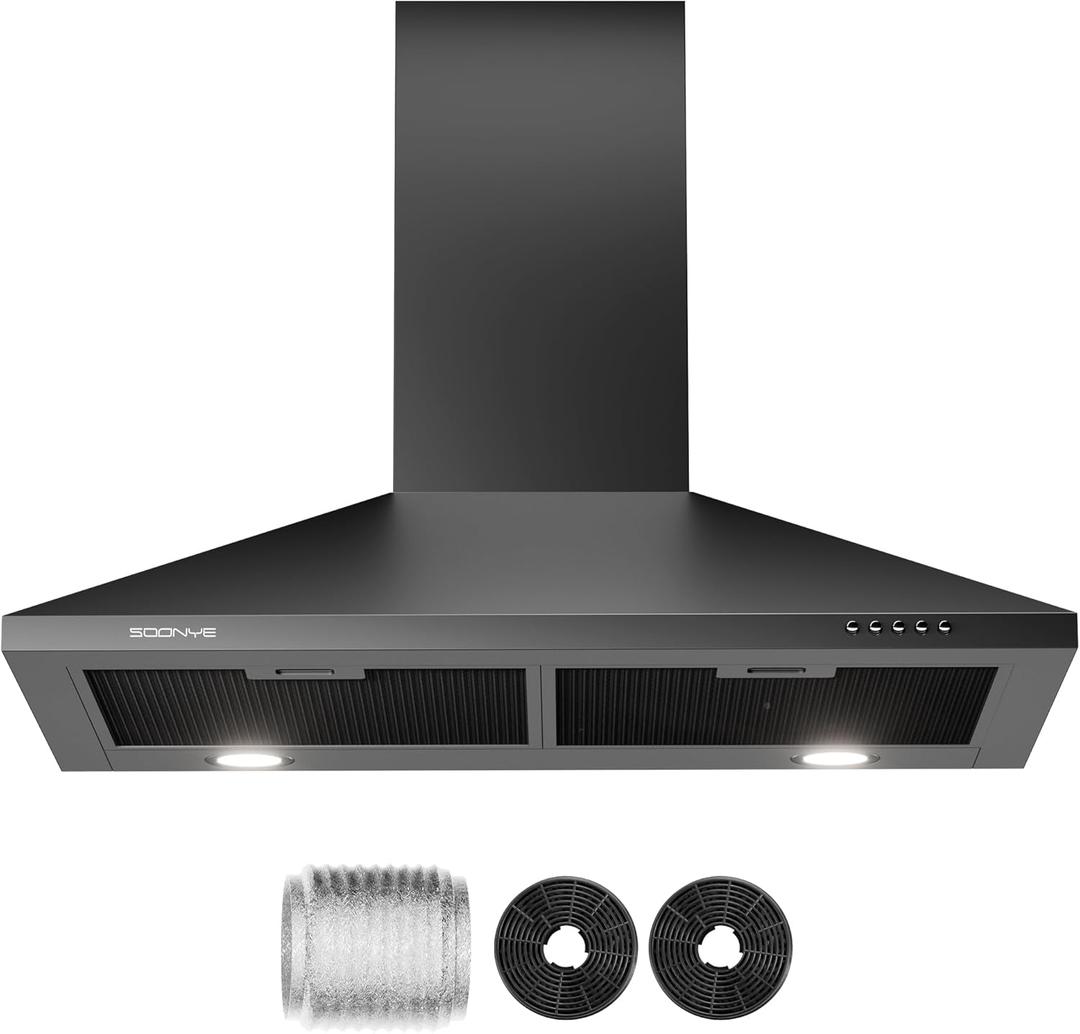 Soonye 24 Inch Wall Mount Range Hood Ducted/Ductless Convertible Kitchen Exhaust Hood with 450 CFM Motor, 3 Speed Fan, LED Lighting and Dishwasher Safe Filters, Matte Black Painted Finish