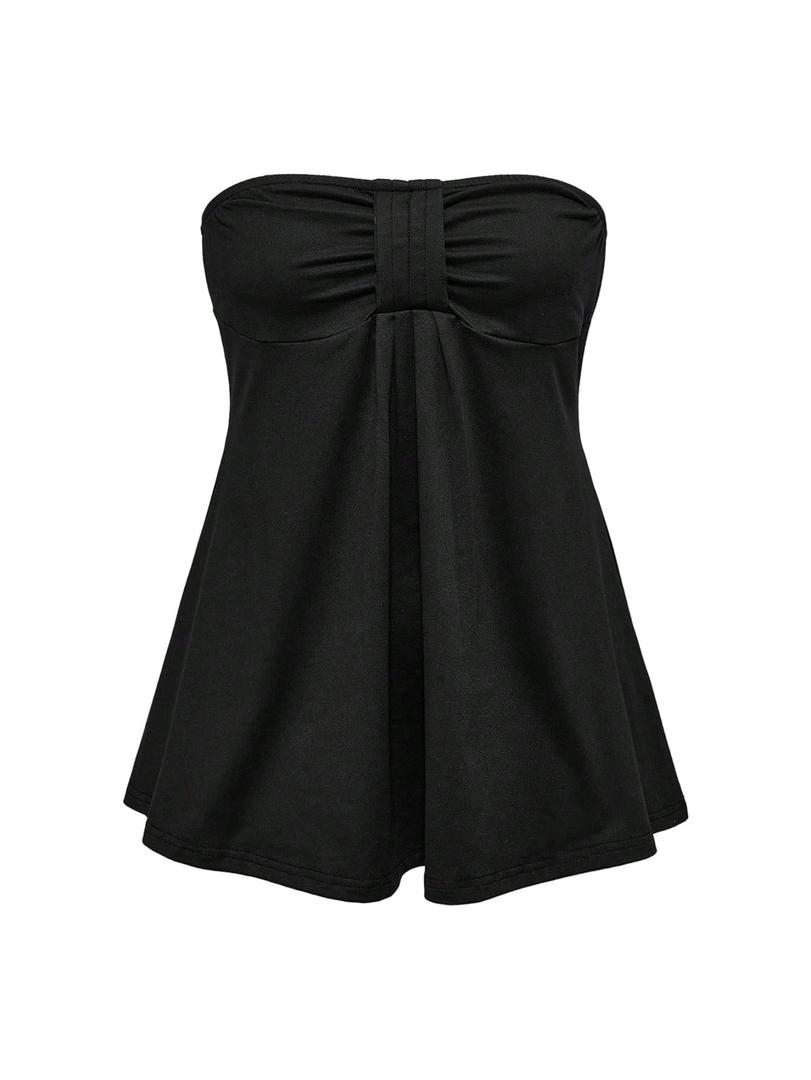 OYOANGLE Women's Ruched Strapless Top Solid Summer Sleeveless Flowy Peplum Tube Tops Black Small (Black)