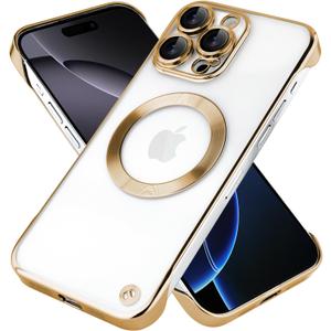 Frameless for iPhone 16 Pro Max Case with Camera Lens Bumper, [Compatible with MagSafe] Transparent Clear Plating Ultra Thin and Shockproof Cover for Girls and Women, Gold