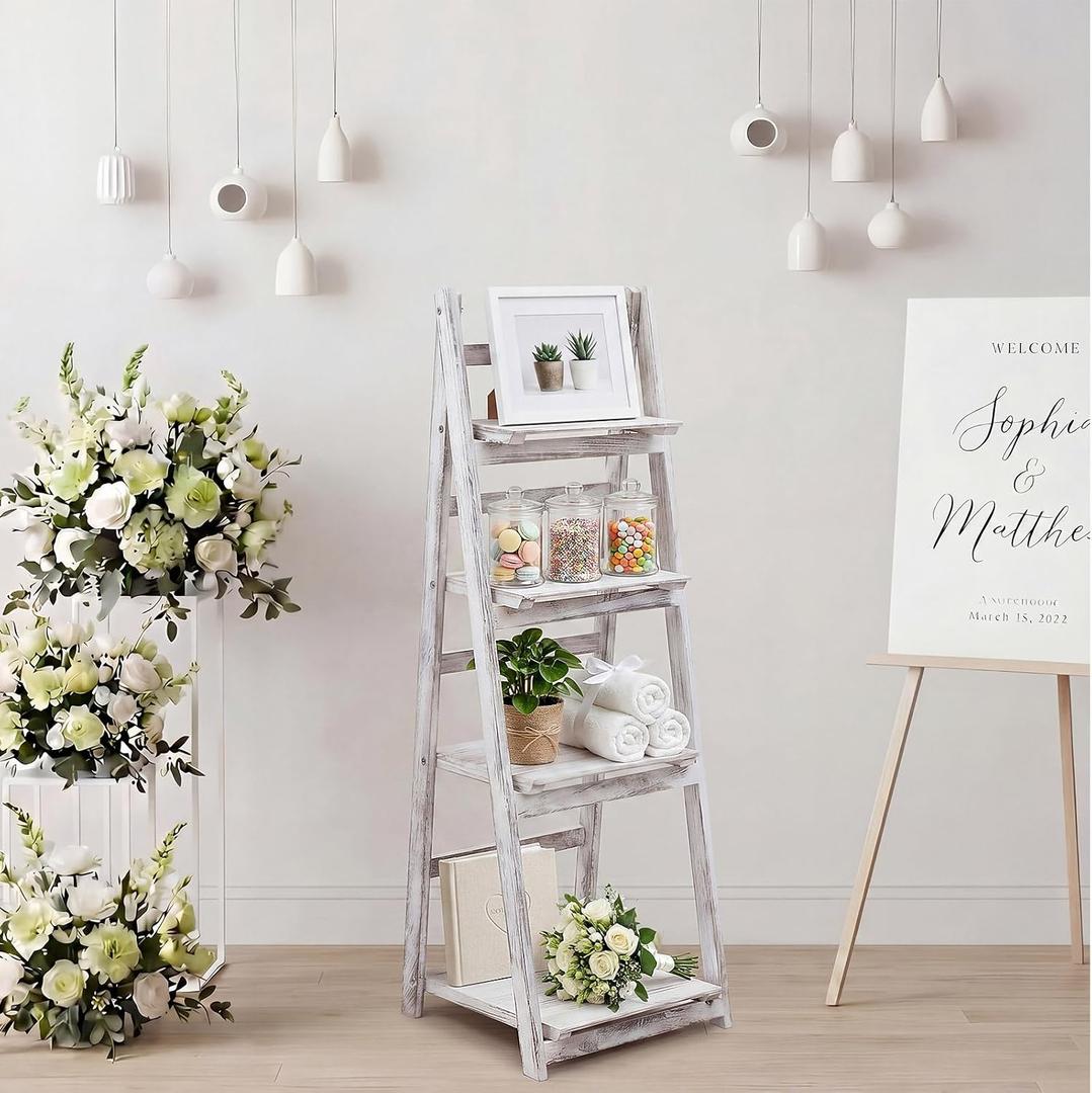 Sintuff White Wooden 4-tier Foldable Ladder Shelf, Sturdy Dessert & Snack Display Stand for Birthday Party & Wedding, Indoor Stand Corner Storage Bookshelf, Rustic Storage Rack, No Tool Assembly