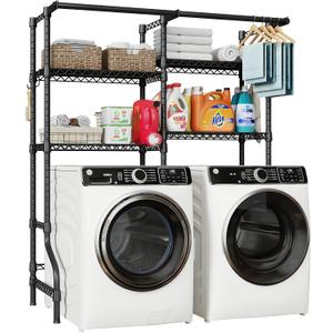 ULIFHOME U14 Medium Over the Washer and Dryer Shelves, 4 Tiers Laundry Room Storage and Organizer System, Space Saving Clothes Drying Rack with 2 Clothes Hanger Rods, 57.8"W x 20.5"D x 77.4"H, Black