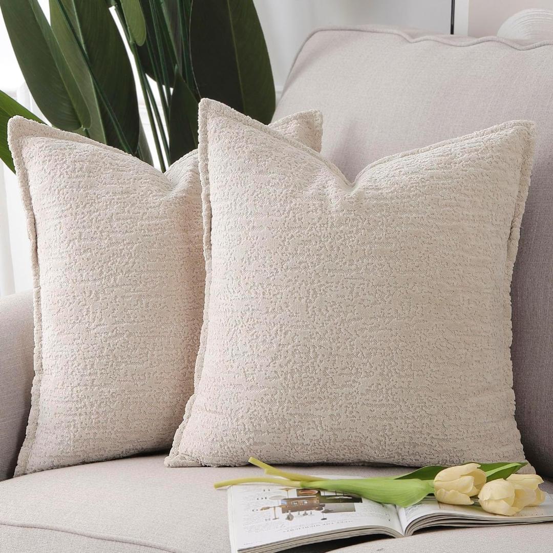 MADIZZ Pack of 2 Chenille Velvet Throw Pillow Covers 20x20 Inch Light Beige Soft Neutral Decorative Throw Pillows Accent Boho Cushion Covers for Couch Sofa Modern Farmhouse Home Decor