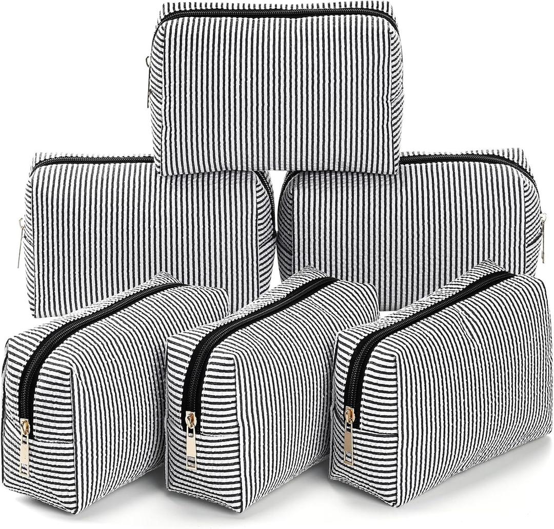 Sanwuta 6 Pcs Seersucker Cosmetic Bags Bulk Seersucker Makeup Bags Stripe Women Pouch Large Preppy Storage Pouch Toiletry Travel Organizer for Wedding Bridesmaid Bride Favor Mom Gift (Black)