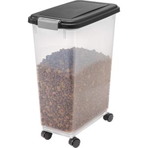 IRIS USA Airtight Dog Food Storage Container, Up to 38 lbs, Attachable Wheels, For Dog Cat Bird and Other Pet Food Storage Bin, Keep Fresh, Translucent Body, Easy Mobility, Black