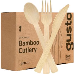 GUSTO [300 Combo Pack] Compostable Bamboo Cutlery Set, 150 Forks - 100 Spoons - 50 Knives Disposable Utensils for Parties, Camping, and Everyday Use