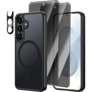 [4 in 1] Magnetic for Samsung Galaxy S25 Case, 2 Pics Privacy Screen Protectors and 1 Pic Camera Protector, Fit for MagSafe, Military Grade Shockproof Translucent Matte Galaxy S25 Cover 6.2, Black