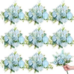 Zeyune 8 Pcs 13.4 Inch Artificial Flowers Bouquet Fake Silk Flowers Faux Bouquet Hydrangea Bouquets for Mother's Day Wedding Birthday Table Centerpieces Home Office Decoration(Blue,Peony)