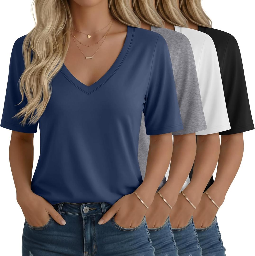 Oakgarden 4 Pack Women's Half Sleeve Shirts V Neck Tops Elbow Length Loose Fit Straight Hem T Shirts Casual Summer Tees, Dusty Blue, Black, Light Gray, White (Medium)
