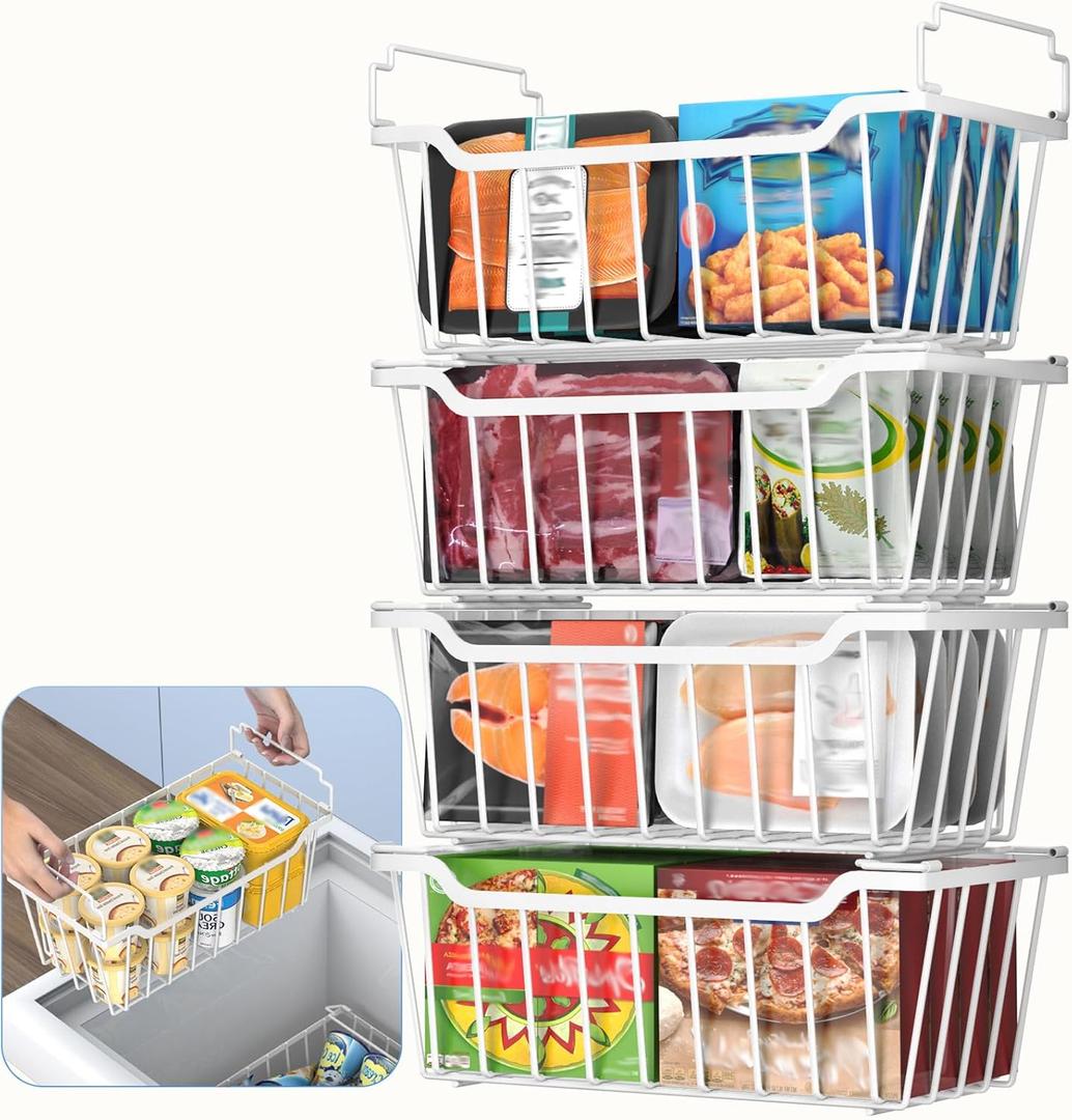 Goovilla Freezer Organizer Bins with Foldable Handle, 4 Pack Stackable Freezer Baskets for 3.5-7 Cu.FT Deep Chest Freezer Organization, White Metal Freezer Storage Bins with Better Space Utilization