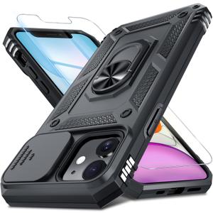 Janmitta Case for iPhone 11 Phone Cover Built in Slide Camera Lens Cover+Screen Protector,Heavy Duty Shockproof Full Body PhoneCase with Finger Ring Holder Kickstand,Black