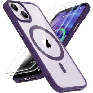 ORETECH Magnetic for iPhone 14 Case, [Compatible with MagSafe] [2 Pcs Screen Protectors] [15 FT Drop Protection] Transparent Back Shockproof Bumper Protective Phone Cover - Deep Purple