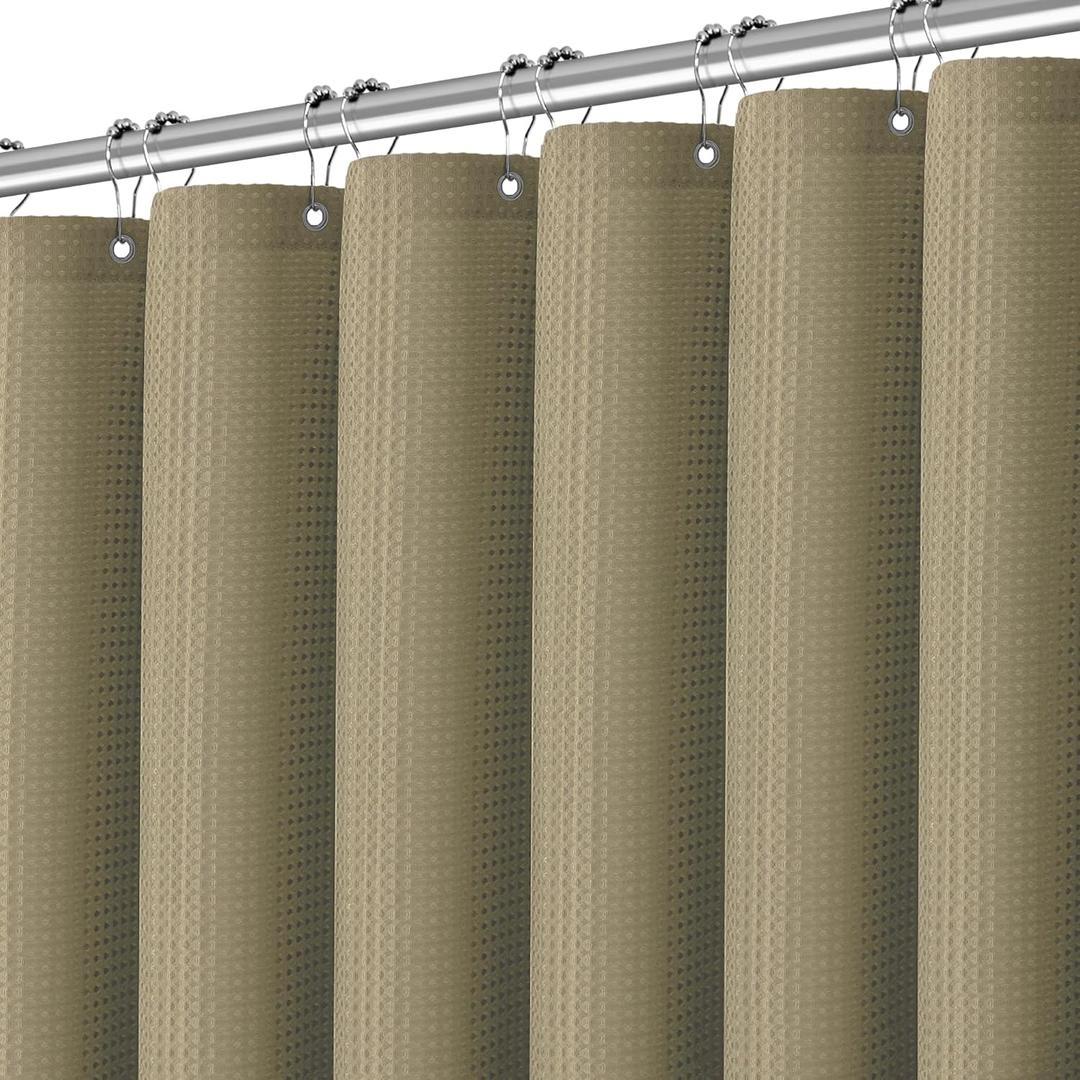 Taupe Fabric Shower Curtain for Bathroom Stall, 60 inche Waffle Weave Machine Washable Waterproof 256GSM Heavy Duty Weighted Bath Curtain Set with 10 Metal Hooks, 60Wx72H