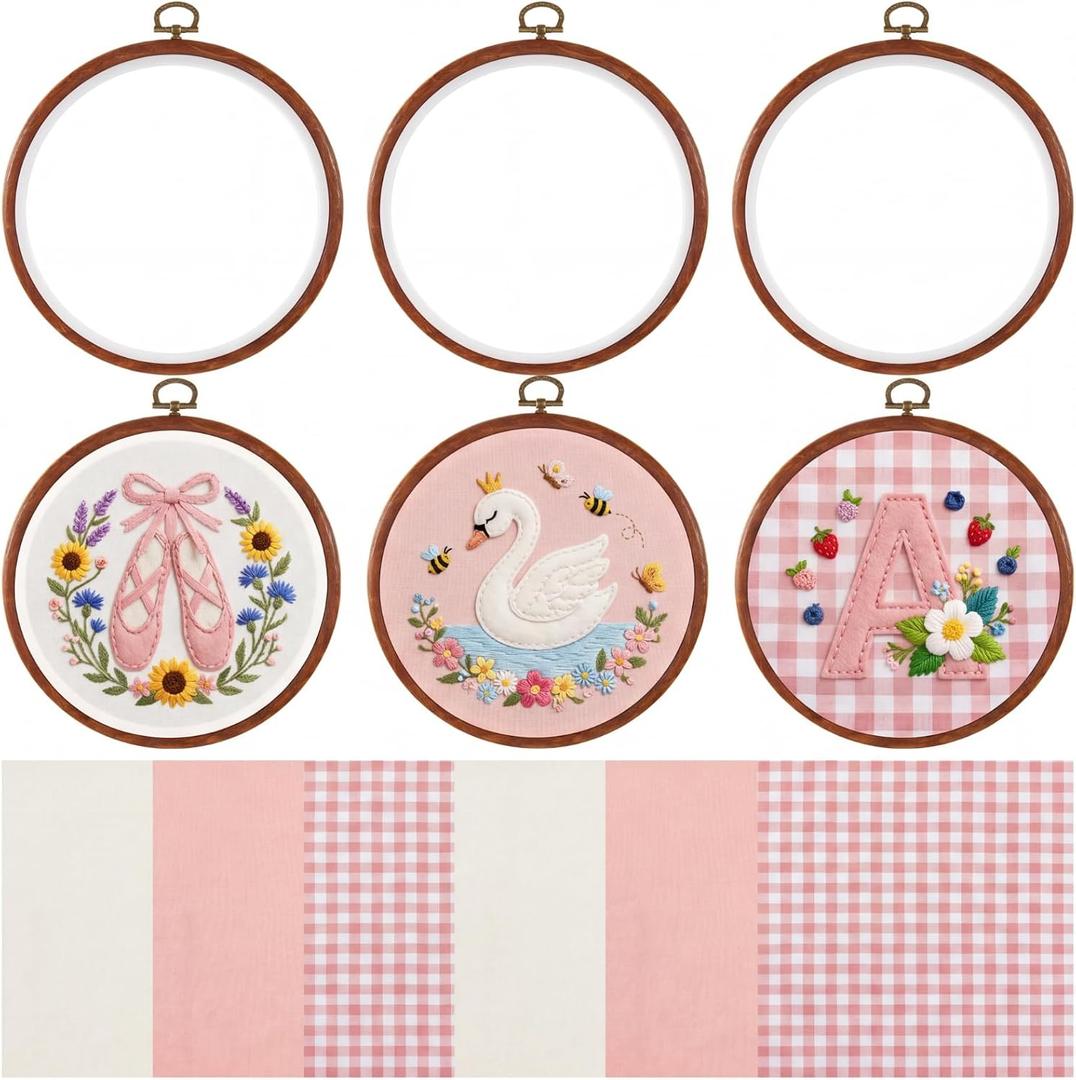 Tudomro 12 Pcs Decorative Embroidery Hoop with Fabric Set 6.7" Round Imitated Wood Cross Stitch Frame & 11.8" Pink Pre-Cut Cloth Squares for Beginner DIY Art Craft Sewing Hanging Ornament