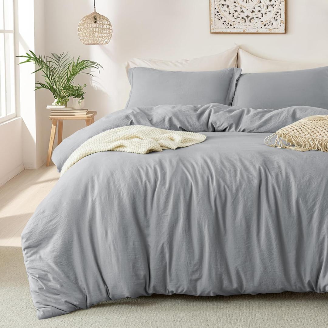 MILDLY Super Soft Duvet Cover - 100% Washed Microfiber Light Grey Comforter Cover Set 3 Pieces with Zipper Closure & Corner Ties (No Comforter) (Full (80"x90"))
