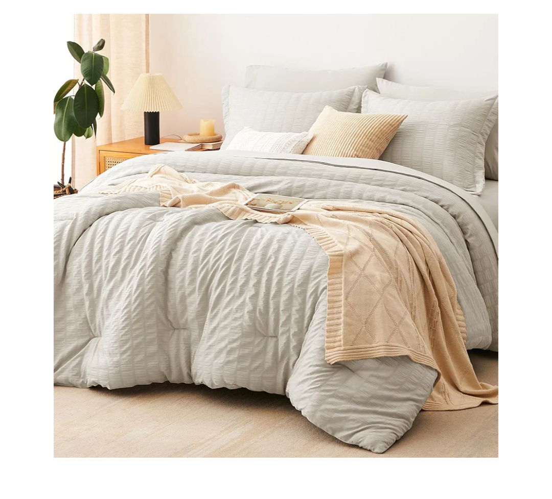 CozyLux King Size Comforter Set Beige Seersucker 7 Pieces Bed in a Bag King Comforter Set with Sheets, Luxury Soft Bedding Set with Down Alternative Comforter, Sheets, Pillowcases & Shams All Seasons