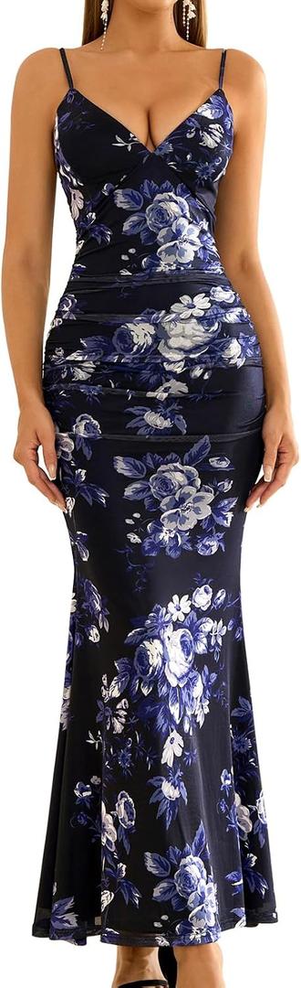 GLNEGE Floral Wedding Guest Maxi Dresses for Women Summer Cocktail Dress | Spaghetti Strap V Neck Mesh Ruched Formal Dress, Bridal Shower Elegant Bodycon Long Dress 2026 (Blue, S)