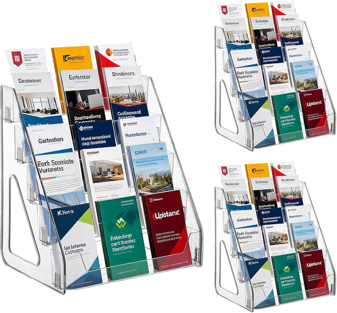YEXEXINM 3 Pack 5 Tier Brochure Holder 12x13 Inch Acrylic Literature Display Stand Holds 3 Brochures in One Row Clear Pamphlet Holder Display Stand for Flyers Booklets Table Signs Office Home Store