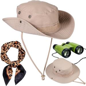  3 Pcs Women Safari Costume Sun Bucket Hat Leopard Scarf Binocular Zoo Keeper Outfit Accessories for Halloween Cosplay