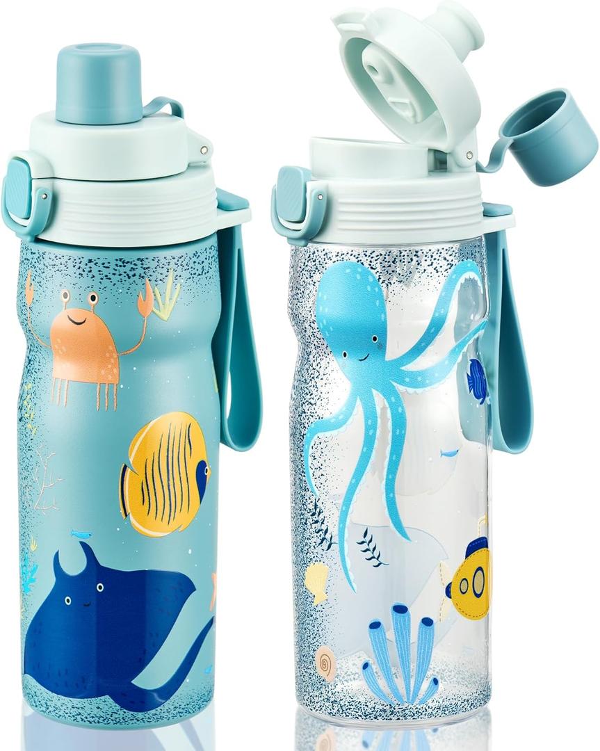 MAISON HUIS Kids Water Bottles 2 Pack, 18/8 Stainless Steel Vacuum Leak Proof Straw Cup with 21oz Tritan Sport Bottle, Kids Water Bottle for School, Gifts for Boys and Girls (Blue-Ocean)