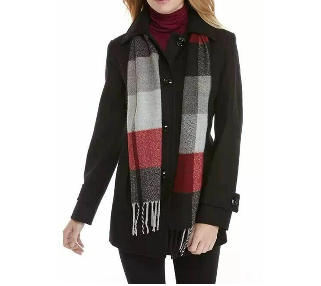 London Fog Women's Single-Breasted Wool Coat With Scarf, Black, XL