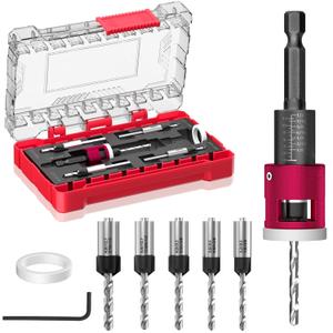 BURMONG 5-Piece Countersink Drill Bit Set with Adjustable Depth Stop, 1/4" Hex Shank Quick Change Drilling Tool Kit, 82 Woodworking Chamfer Bits for Wood, Plywood, MDF, Plastic