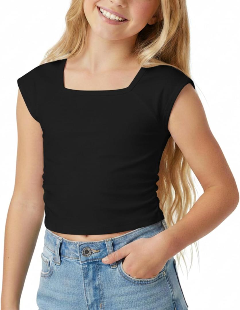 Girls Short Sleeve Crop Tops: Summer Square Neck Side Drawstring Tees Summer Casual T Shirts, Size 9-10 Years (Black)