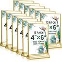 4x6 Gold Acrylic Sign Holder, 12 Pack Wedding Table Number Holder Stands with Vertical Gold Borders, Double Sided Picture Frame Paper Stand, Clear Photo Display Menu Holder for Party, Home, Restaurant