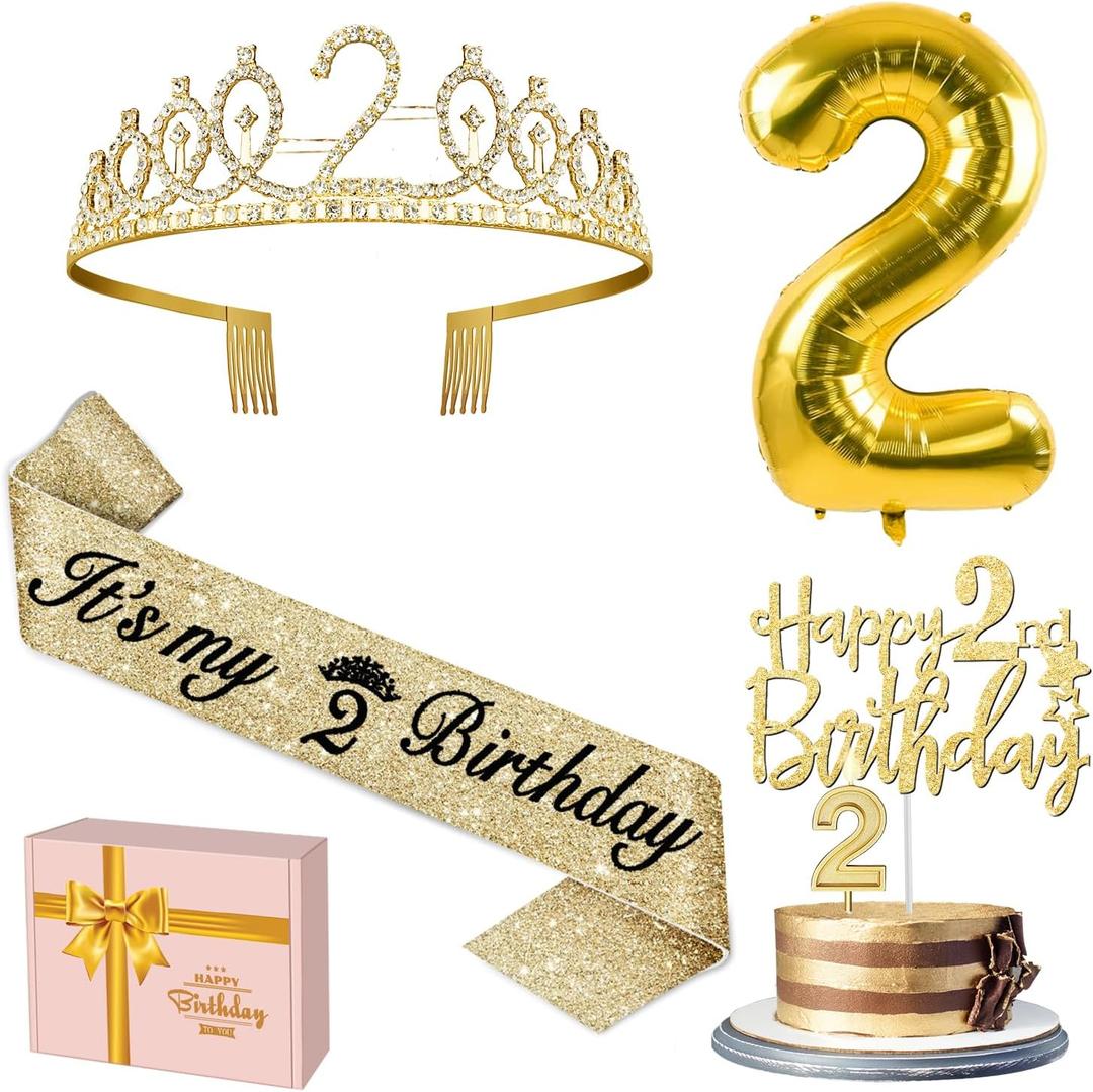 2nd Birthday Decorations for Baby Girls, Including Sash and Crown, Cake Topper and Candle 2, Number Balloon, 2nd Birthday Gifts for Girls