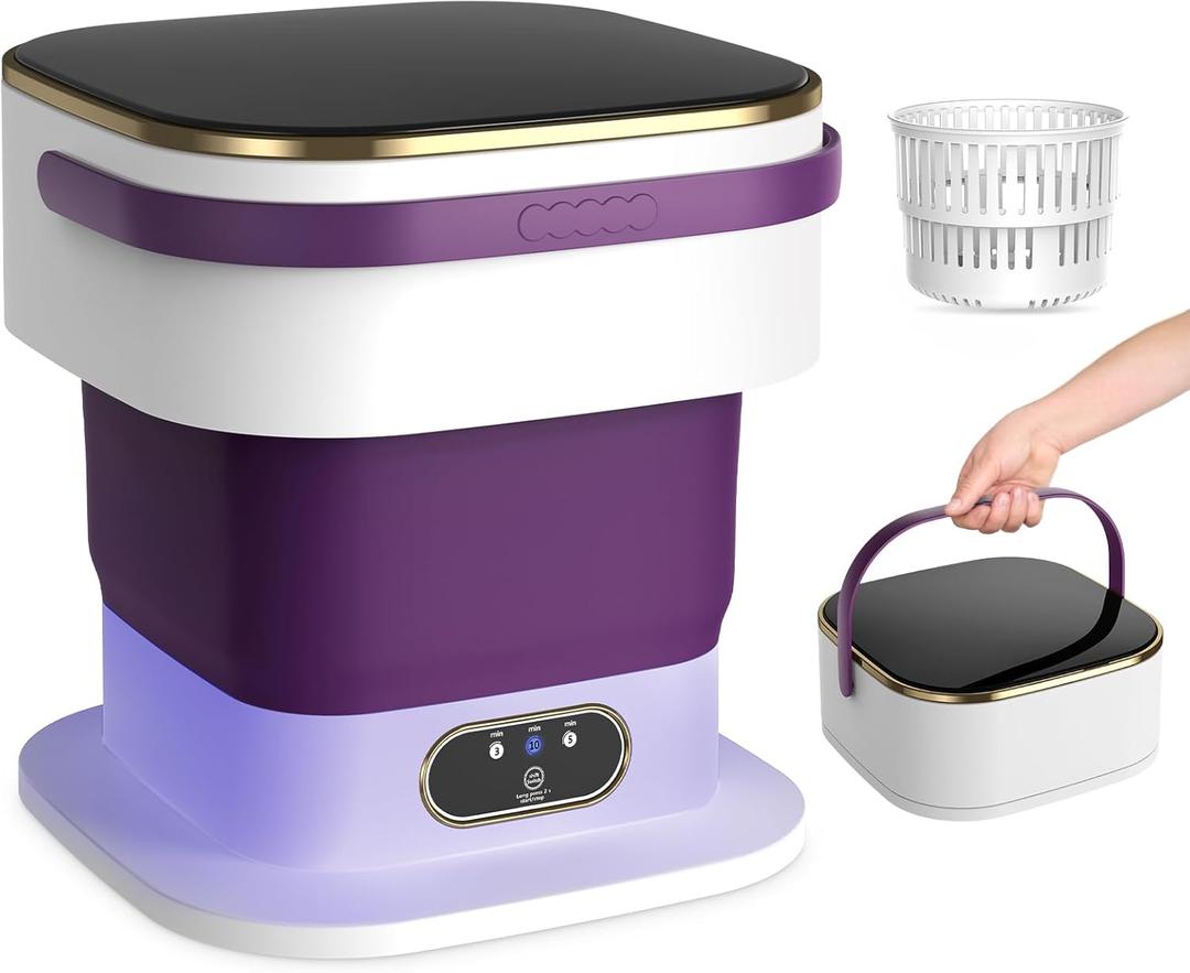 Portable Washing Machine, 15L Mini Washing Machine with Spin Basket & 3 Cleaning Modes for Small Clothes,Foldable Mini Washer for Apartments, Dorms, Camping (Purple)