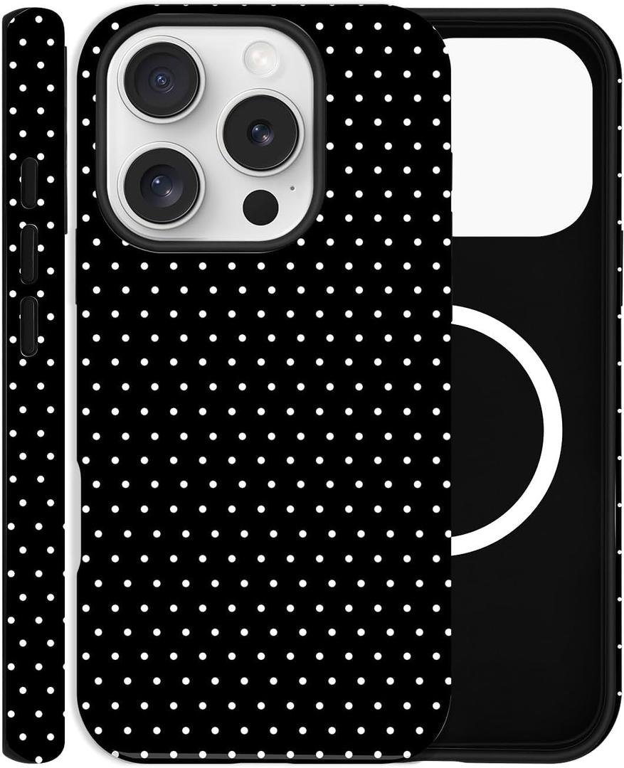 Magnetic Case for iPhone 16 Pro, Compatible with MagSafe, Aesthetic Polka Dot Cute Design for Women, Hybrid 2-Layer Hard Shell Phone Cover, Black