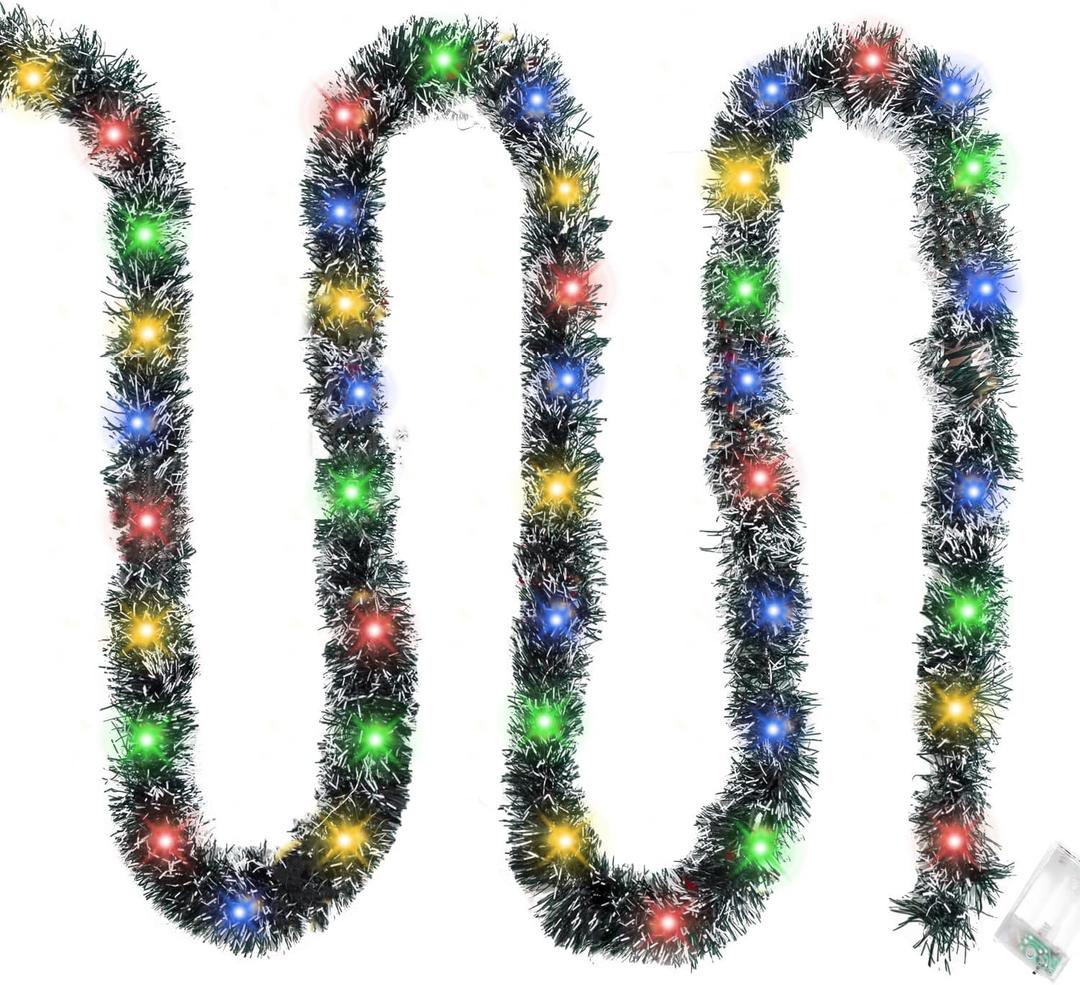 16.4 Ft Christmas Tinsel Garland,1 Pack Dark Green Frost Tip Metallic Garland with 50 Colored LED Lights,Artificial Xmas for Indoor Outdoor Tree Decoration,Holiday Party Supplies