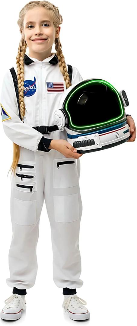 Astronaut Costume for Kids with Helmet, Halloween Costumes for kids Nasa Astronaut Helmet Suit with Movable Visor (X-Large (Ages 1012), White)