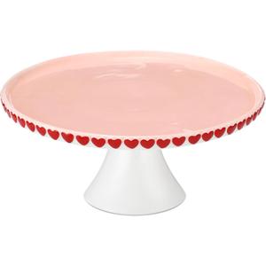 Lallisa 10" Ceramic Heart Cake Stand Pink Round Dessert Plate with Red Heart Edges Wedding Cake Pedestal Stand Display for Valentine's Day Birthday Wedding Party Decorating