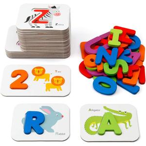 Coogam Numbers and Alphabets Flash Cards Set - ABC Wooden Letters and Numbers Animal Pattern Board Matching Puzzle Game Montessori Educational Learning Toys Gift for Preschool Kids Age 3 4 5 Years