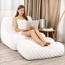Bean Bag Chair with Footstool, Comfy Reading Sofa Chair for Adults, Modern Floor Sofa for Livingroom, Bedroom, Cream (Widen)