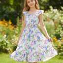 Girls Summer Floral Dresses A Line Halter and Ruched Ruffle Hem High Waist Spring Midi Dress Girls Purple Butterflies Dresses Size 10 for Teens (White)
