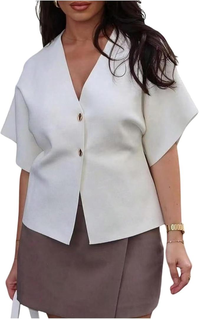 Verdusa Women's Old Money Clothes Summer Short Sleeve Cardigans V Neck Button Down Lightweight Outerwear Knit Sweater (White, XS)