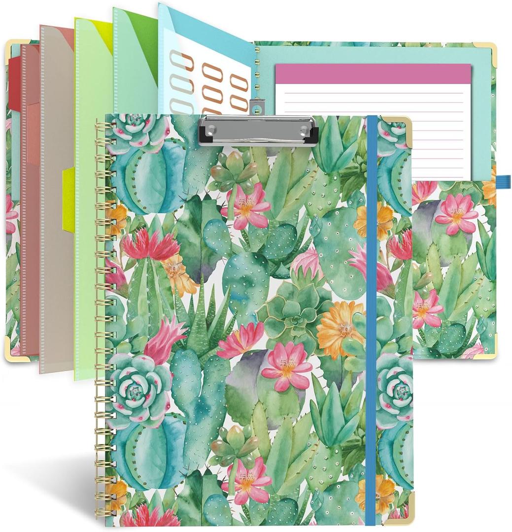 Clipboard Folio with Notepad for Letter Size (11" x 8.5"), 5 Extra Folders with Storage 10 Pockets, 39 File Folder Labels, Elastic Closure Spiral Clipboard with Storage(Cactus Flowers)