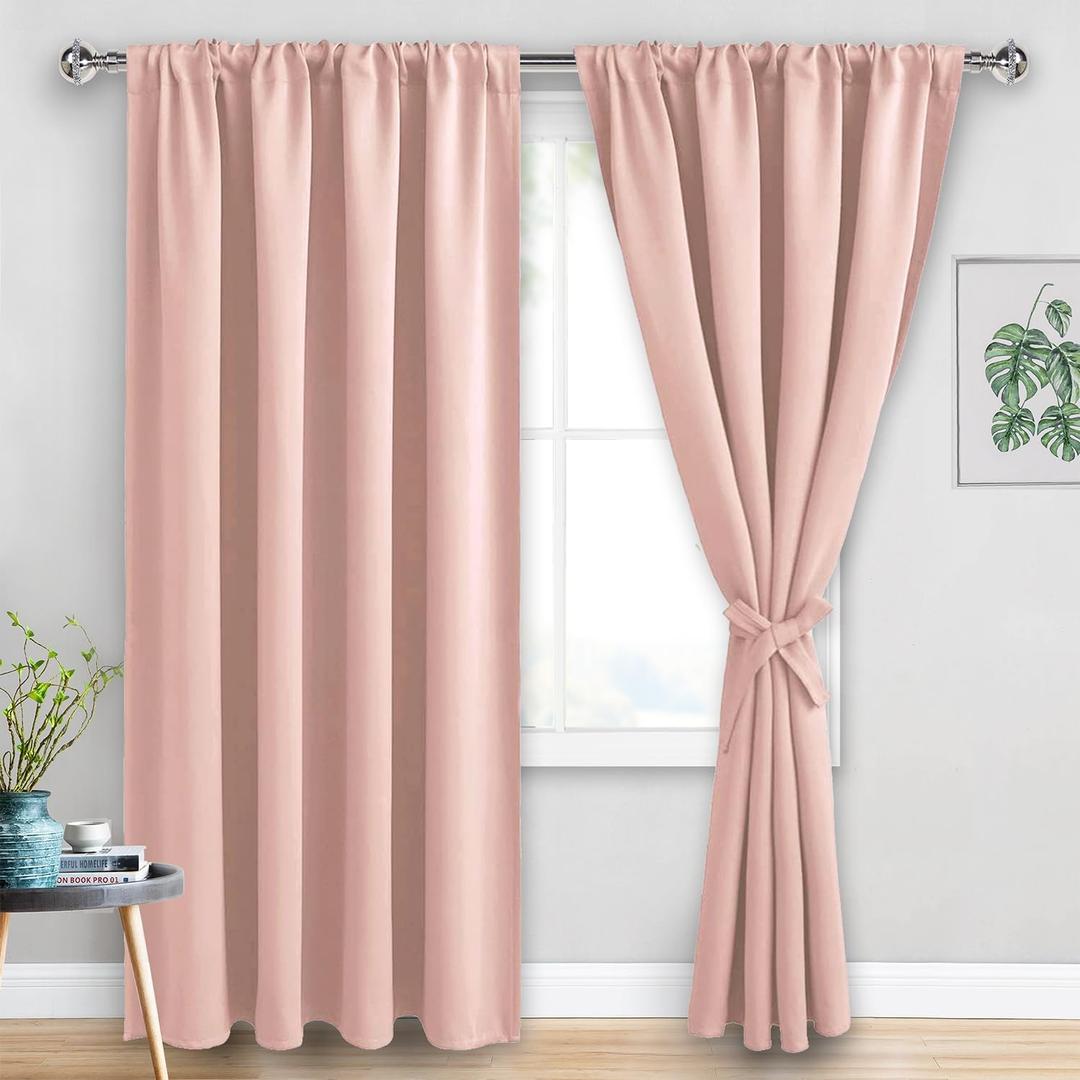JIUZHEN Blush Pink Blackout Curtains for Bedroom - Thermal Insulated Room Darkening Rod Pocket Curtains for Living Room, Set of 2 Panels with Tiebacks, 60 x 96 Inch Length, Blush Pink