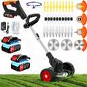 Electric Weed Wacker Cordless Eater No String Trimmer Battery Powered, 3 In 1 Lightweight Grass Trimmer/Brush Cutter/Lawn Edger with Wheels,Metal Blade&Charger, Stringless Weed Trimmer for Garden Yard