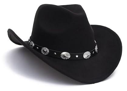 CXQRR Black Cowboy Cowgirl Hat for Women Men Western Style Wide Brim Felt Fedora Panama Hat with Detachable Belt Buckle
