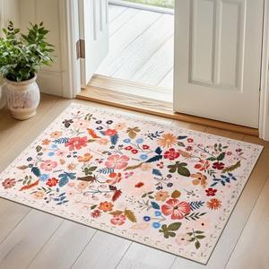 Area Rugs 2x3 Washable Rug for Entryway Boho Spring Farmhouse Floral Small Carpet Rug Beige Soft Non Slip Low Pile Faux Wool Stain Resistant Doormat for Bedroom Kitchen Bathroom Laundry Pet RV