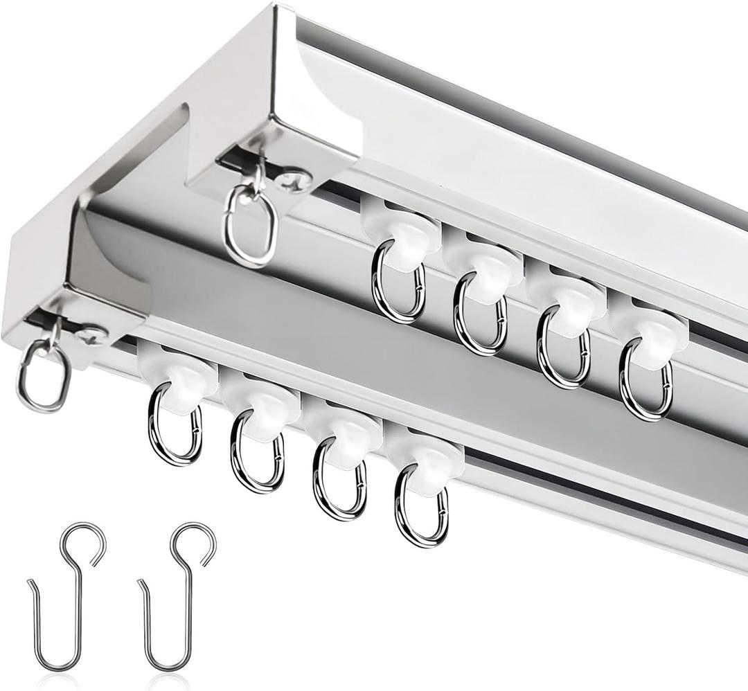 Silent Double Curtain Track Ceiling Mount White Track Curtain Rail Set Heavy Duty Room Divider with Hooks Bedroom Living Room Study Ceiling Curtain Track (15ft)