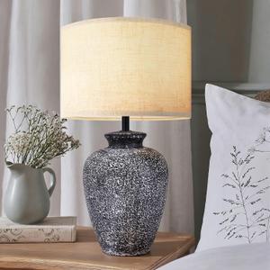 Ceramic Farmhouse Table Lamp for Living Room and Bedroom - Modern Black Pottery Beside Lamps for Small Nightstand and Large Side Table - Rustic Round Stone Lighting Single with White Beige Shade