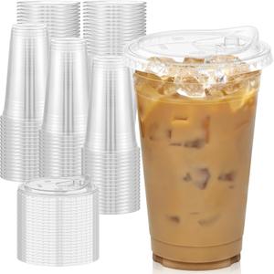 100 Pack - 20 oz Clear Plastic Cups with Lids, Sturdy & Food Safe Iced Coffee Cups with lids, Disposable Plastic Smoothie Cups for Cold Drinks, Sip Lids