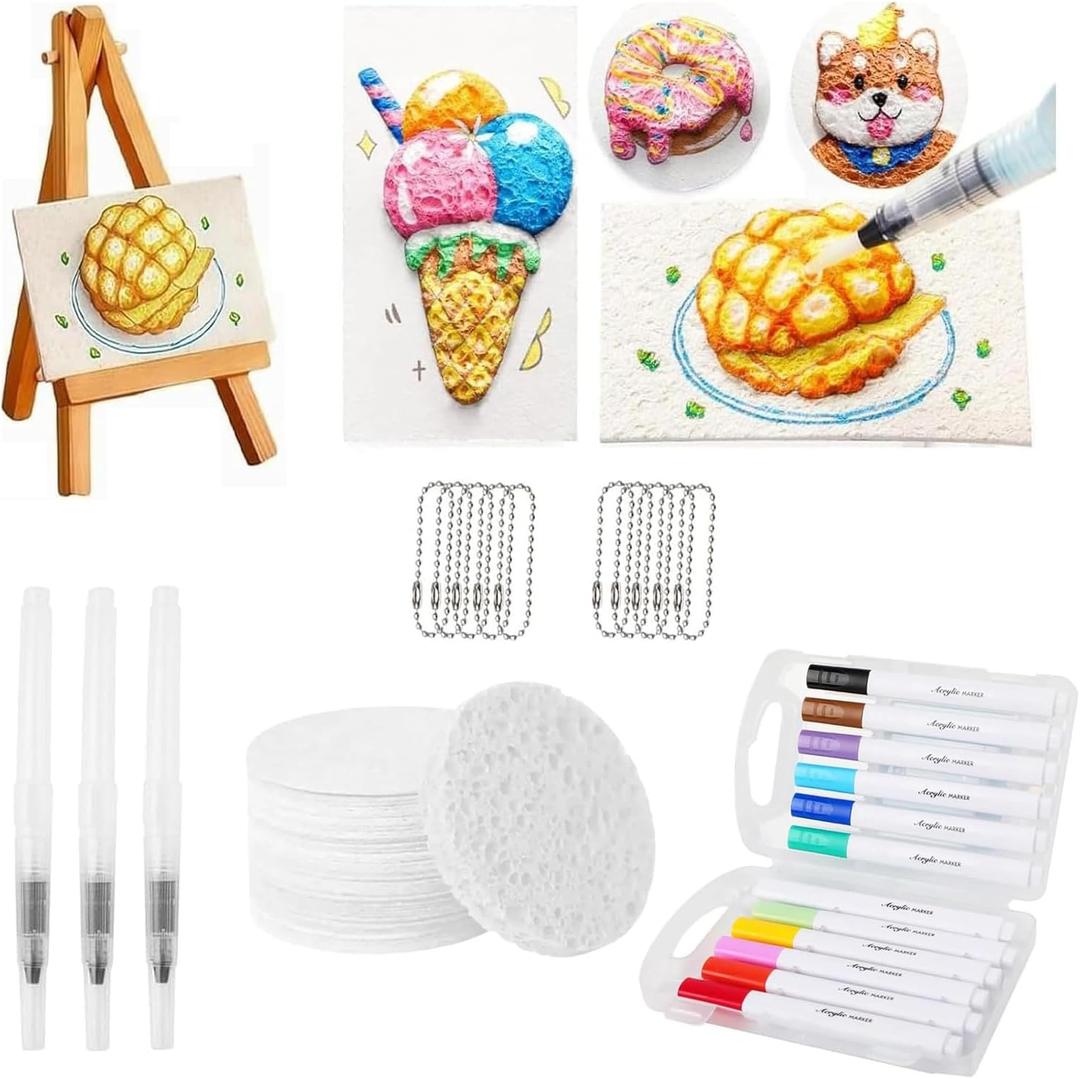 2 x Magic Foam Texture Painting Kit,3D Drawing DIY Art Set,12 Colors Acrylic Marker Pen, 3 Soft-tip Water Brush Pen, Magical Painting Kit