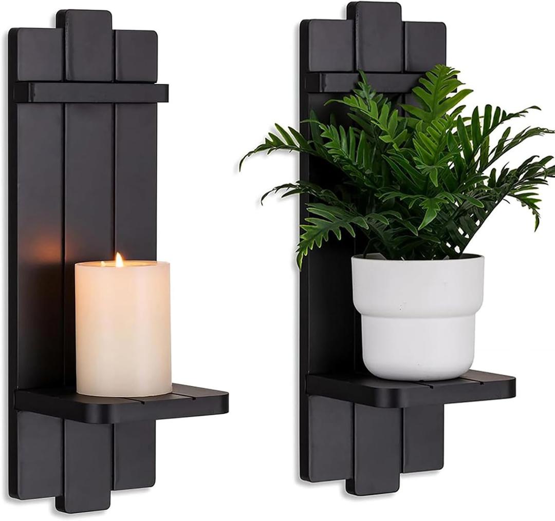 Candle Sconces Black Wall Decor Set of 2 - Wood Wall Candle Holders Set of Two for Small Plants Pillar Candles Tealight - Gothic Distressed Decor for Living Room (15.7in x 5.1in)