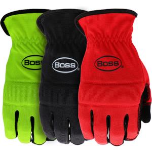 BOSS Men's Task 3-Pack High Performance Synthetic Leather Palm Work Gloves, Abrasion Resistant, Black, Red, Yellow, Size Large